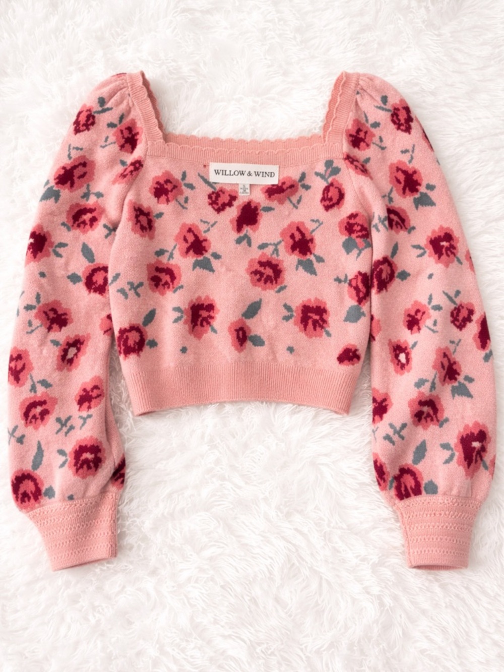 Willow & Wind Pink Floral Puff Sleeve Cropped Sweater